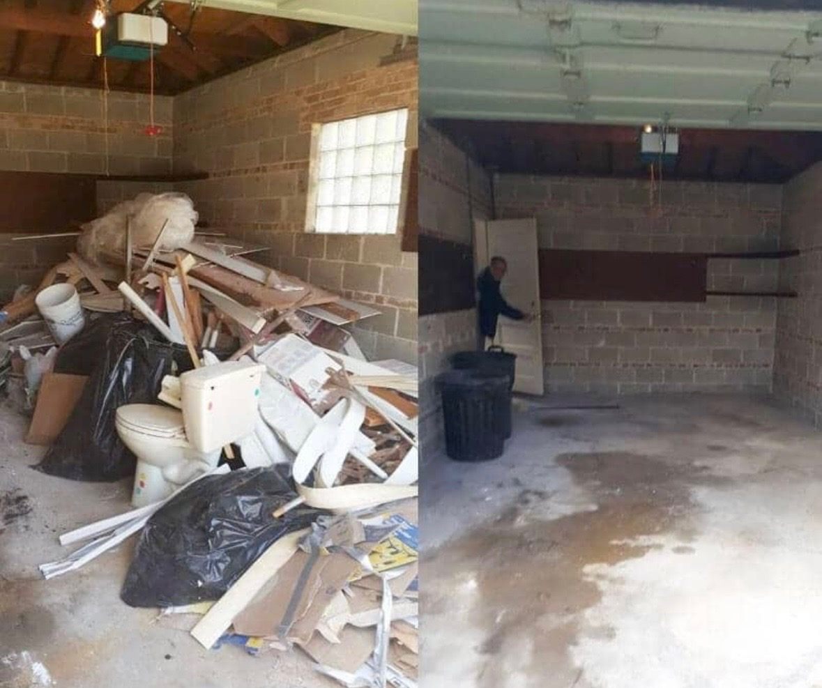 Before and after cinder block garage cleanout with construction debris and old fixtures removed