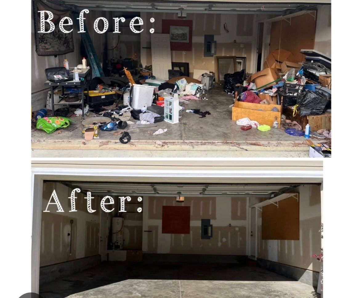 Before and after two car garage cleanout with household clutter removed