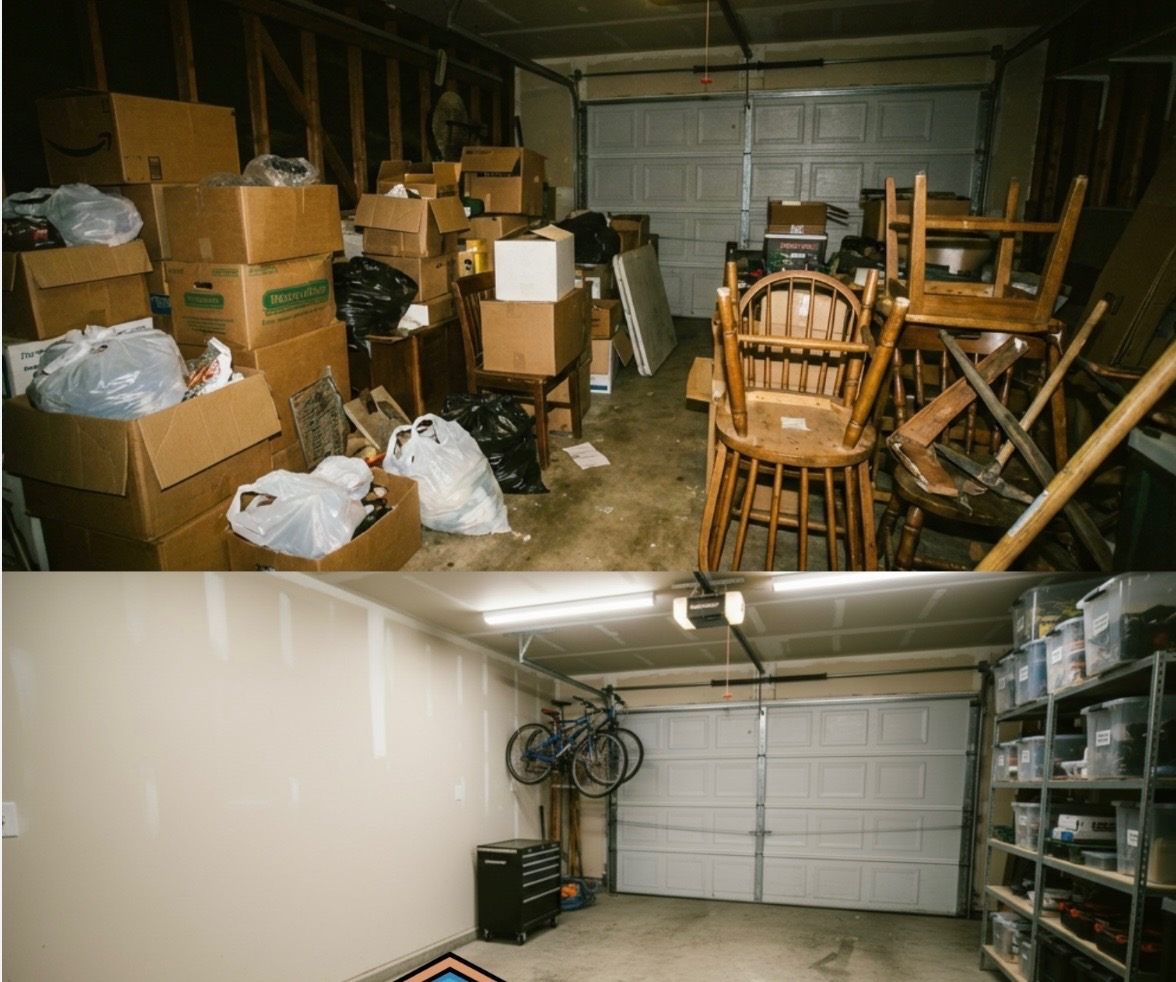 Before and after garage storage reset with boxes bags and furniture cleared out