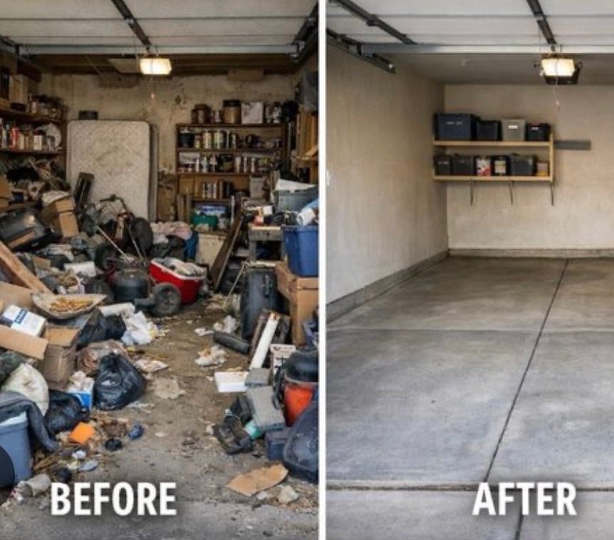 Before and after cluttered garage cleanup showing a cleared floor