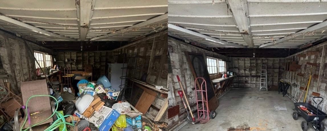 Before and after outbuilding cleanout with bins wood and storage clutter removed