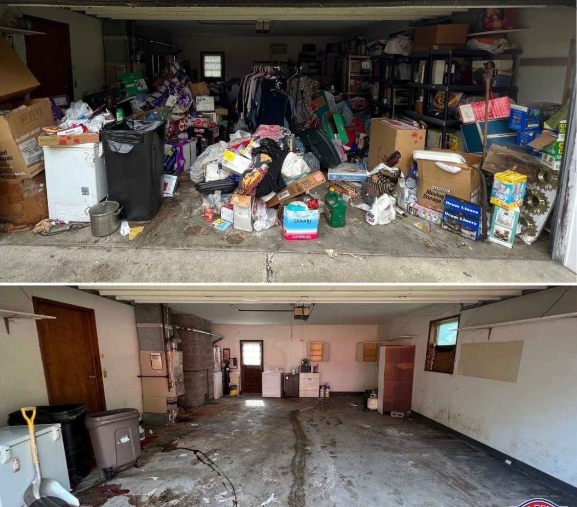 Before and after large garage haul away with boxes clothing racks and household items removed