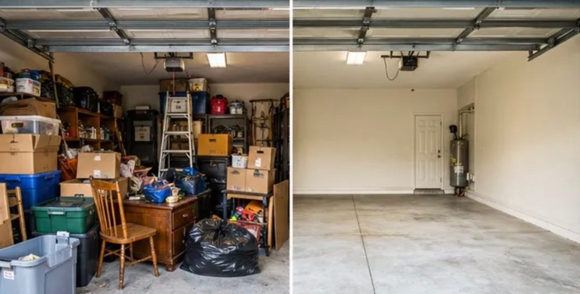 Before and after garage storage clearout with boxes bins furniture and bags removed