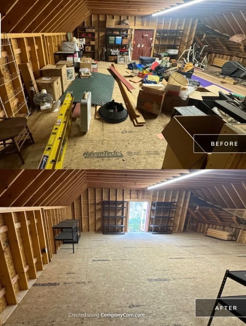 Before and after attic storage cleanout with boxes shelves lumber and loose items removed