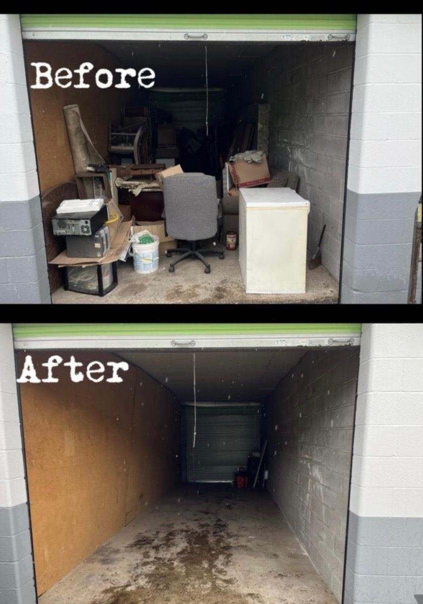 Before and after storage unit cleanout with furniture chair and stored items removed