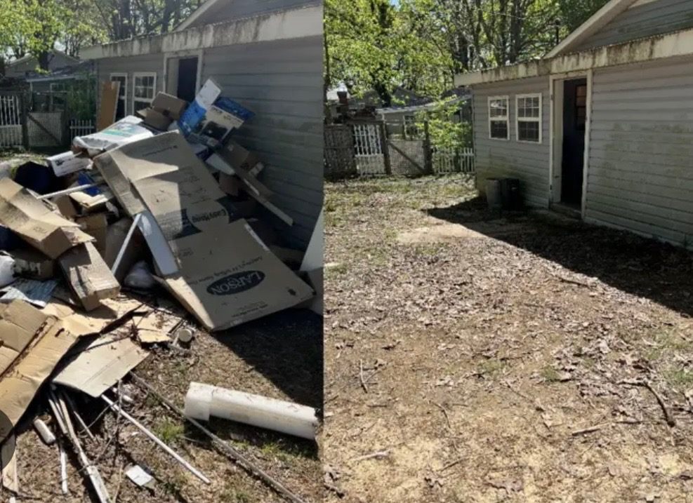 Before and after shed side debris removal with cardboard metal pieces and outdoor debris cleared