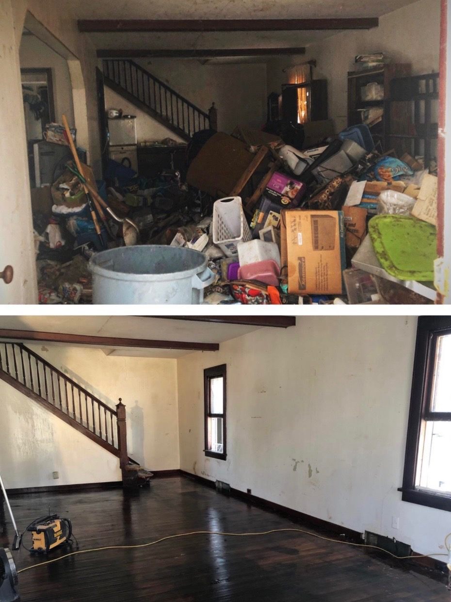 Before and after interior room cleanout with household items boxes and furniture removed