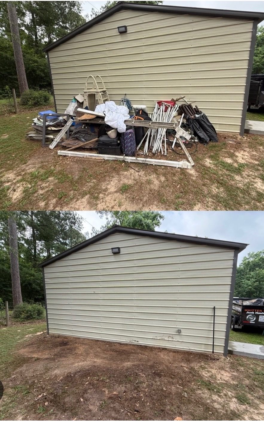 Before and after exterior debris haul away beside a metal building